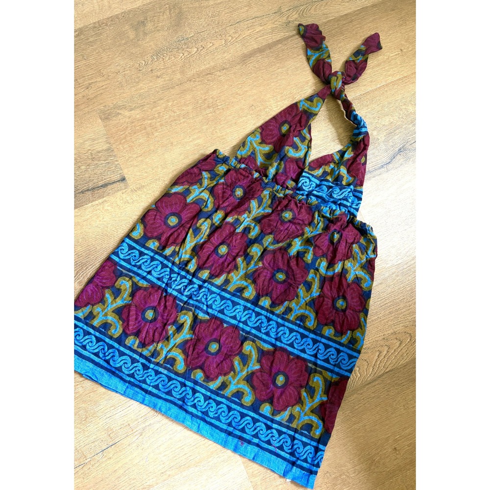 Vintage 70s Indian Boho Halter Mini Dress Tunic Turquoise Deadstock O/S
